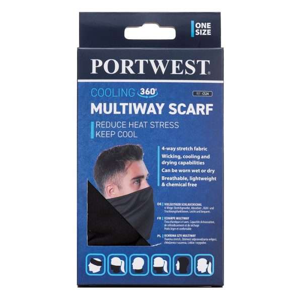 Portwest Cooling Multiway Scarf CS24 keeps wearer cool for upto 8 hours. Highly versatile, can be worn in different ways, with cooling & drying capabilities