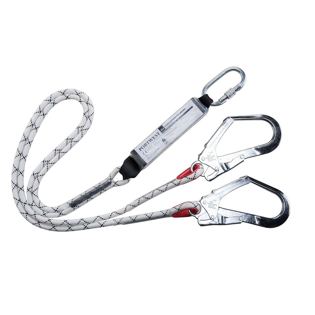 Double Kernmantle 1.8m Lanyard / Shock Absorber -Portwest FP55 features a scaffold hook, carabiner, 180cm long including connectors with 52mm hook opening