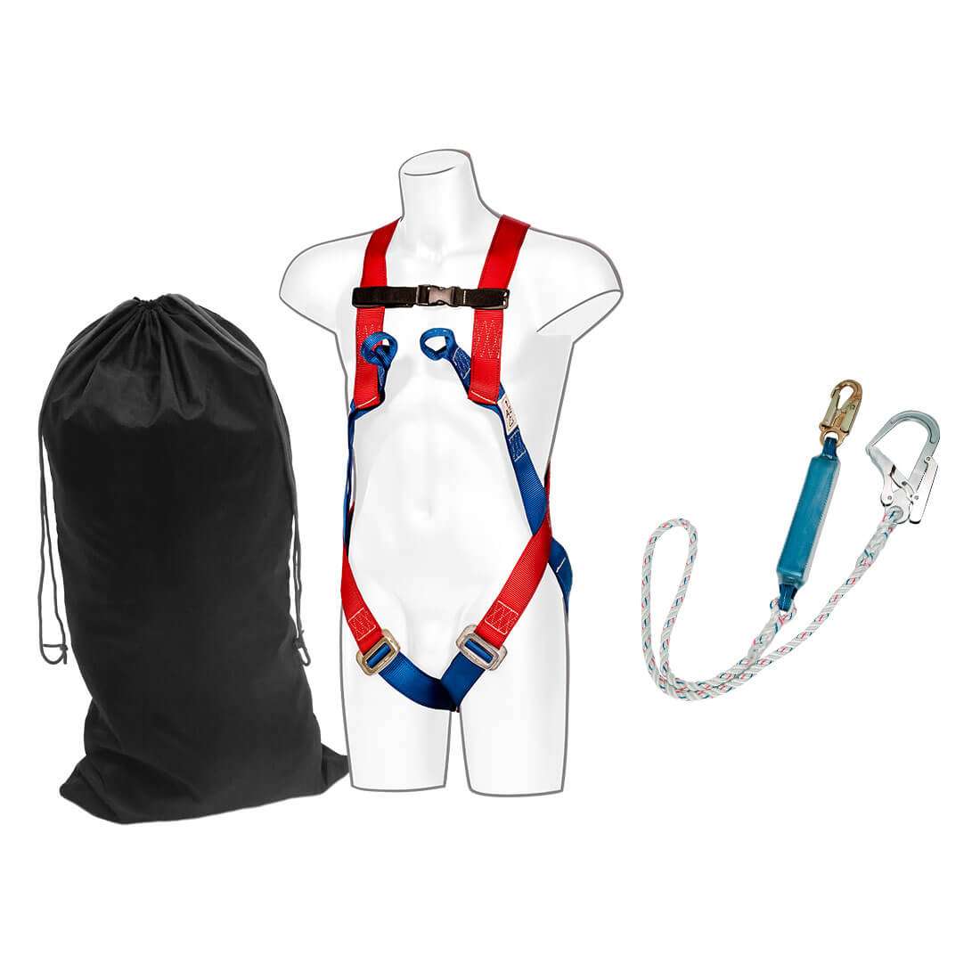 Portwest Fall Arrest Kit - FP62 Single Lanyard Shock Absorber, Snap & Scaffold Hook, Drawstring Bag. High quality 12mm kernmantle rope.