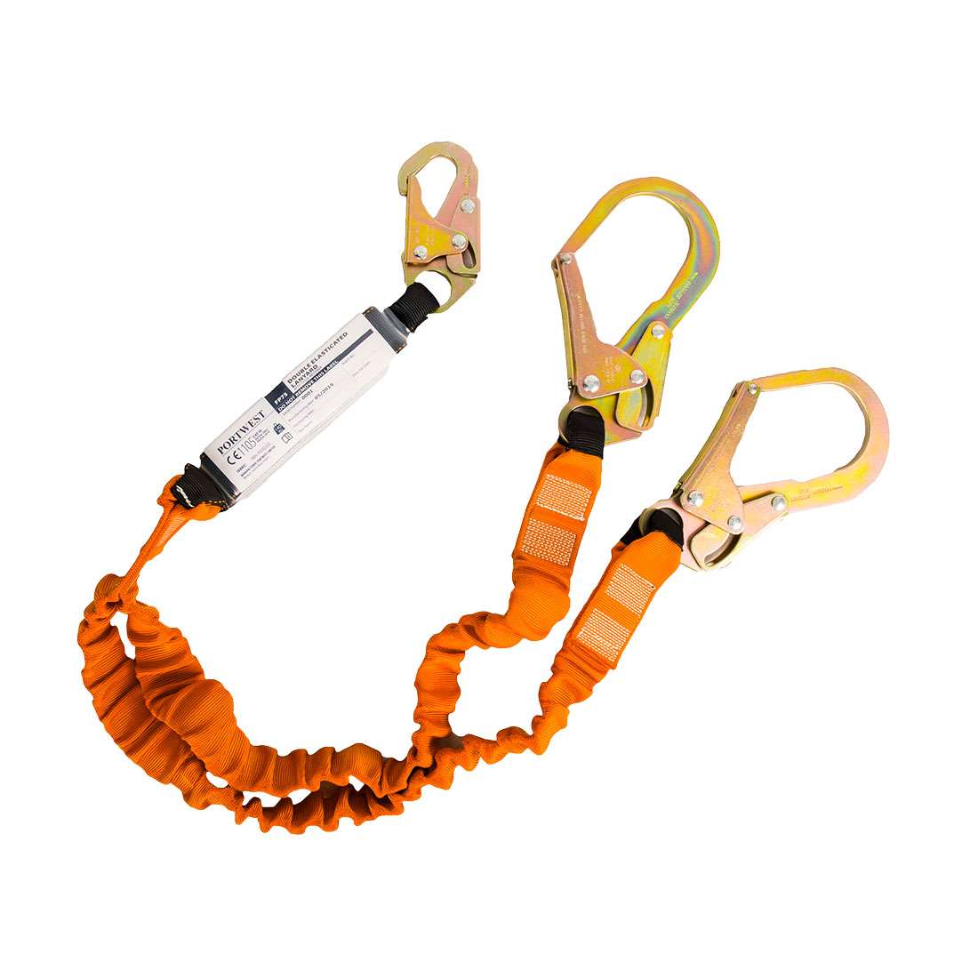 Double 140kg 1.8m Lanyard with Shock Absorber - Portwest FP75. Double ended lanyard with shock absorber, a scaffold & a snap hook. Tested to withstand 140kg