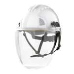 The JSP Electrical Safety Helmet EVOGuard® C5-Max System has a multi-standard helmet shell with a comfort harness, wheel ratchet and 4-point chinstrap for a secure fit. The helmet provides electrical insulation up to 1000Vac. The clear replaceable visor with chinguard provides Class 1 Arc Flash protection and comes with an Anti-Scratch and Anti-Mist coating.
