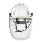 The JSP Electrical Safety Helmet EVOGuard® C5-Max System has a multi-standard helmet shell with a comfort harness, wheel ratchet and 4-point chinstrap for a secure fit. The helmet provides electrical insulation up to 1000Vac. The clear replaceable visor with chinguard provides Class 1 Arc Flash protection and comes with an Anti-Scratch and Anti-Mist coating.