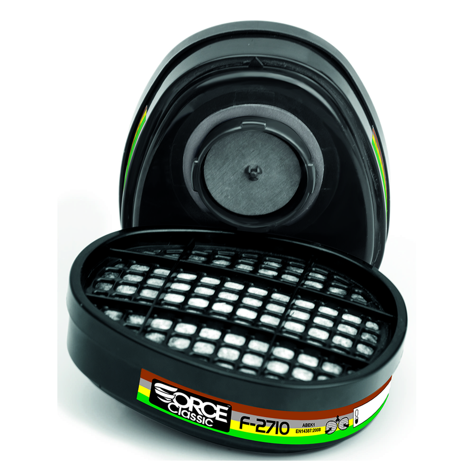 JSP Force® 8 ABEK1 (F-2710) Face Mask Filters are a cost effective filter for protection against particulates with low profile for minimum visual impairment