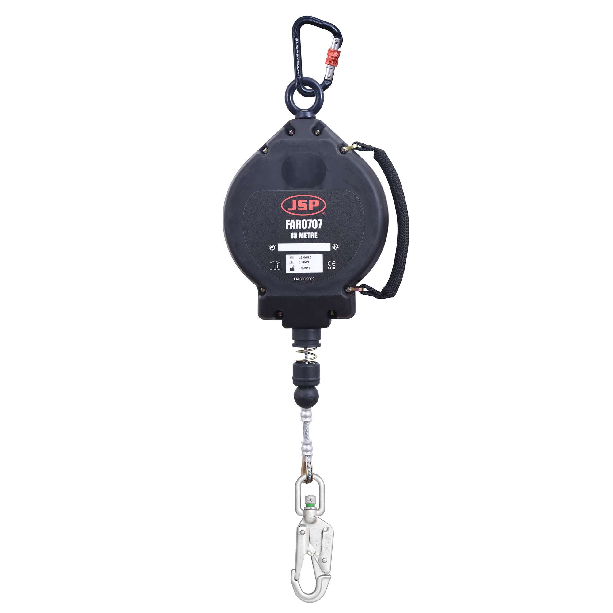 JSP 15m Wire Self Retractable Lifeline Fall Arrest is encased in nearly indestructible plastic With a 4.5mm Galvanised 15m steel wire & screw gate connector preventing fall from height