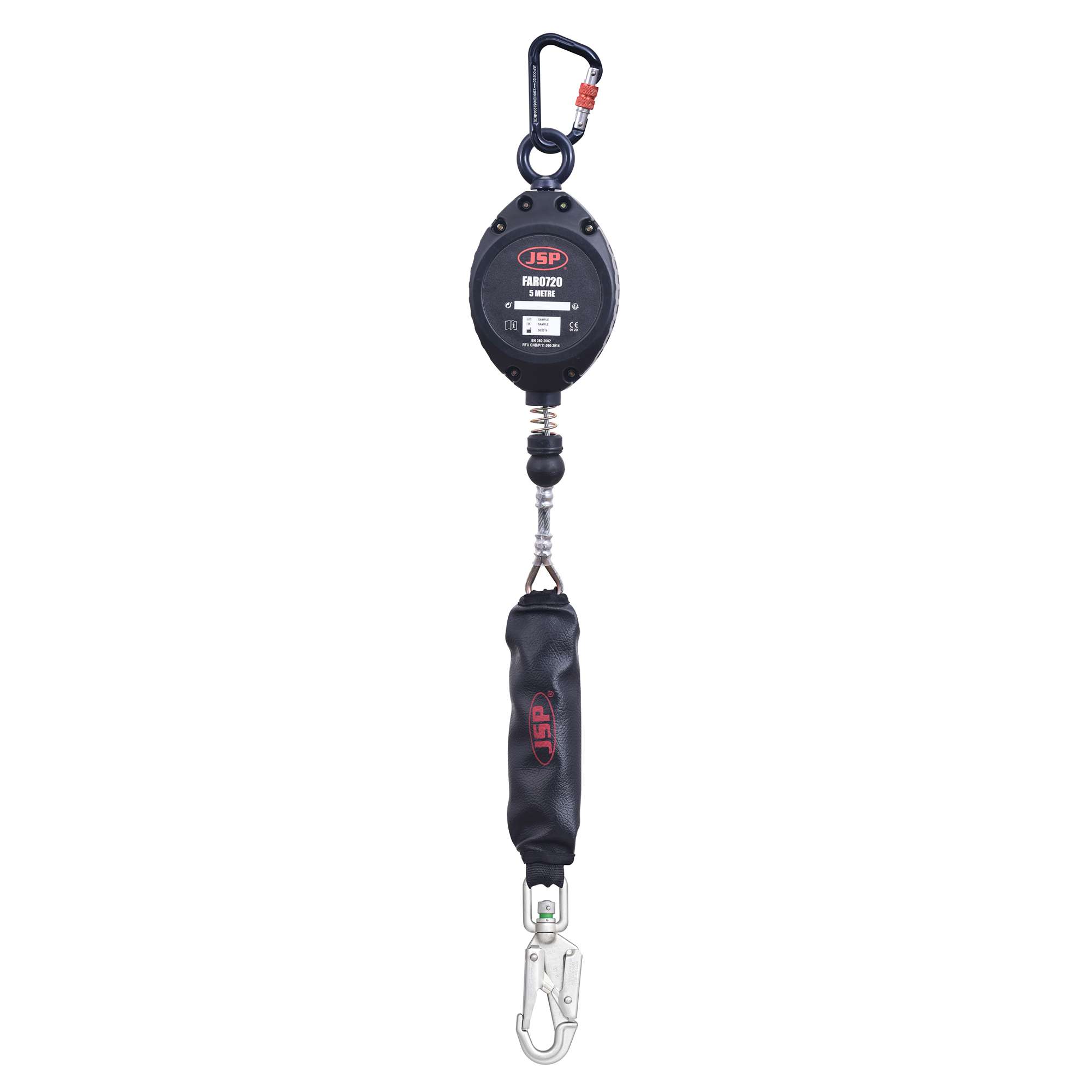 JSP 5m Self Retractable Fall Limiter -Horizontal Use, Sharp Edge, Energy Absorber, 4.8mm Wire, 1 screw gate connector & steel swivel snap hook
