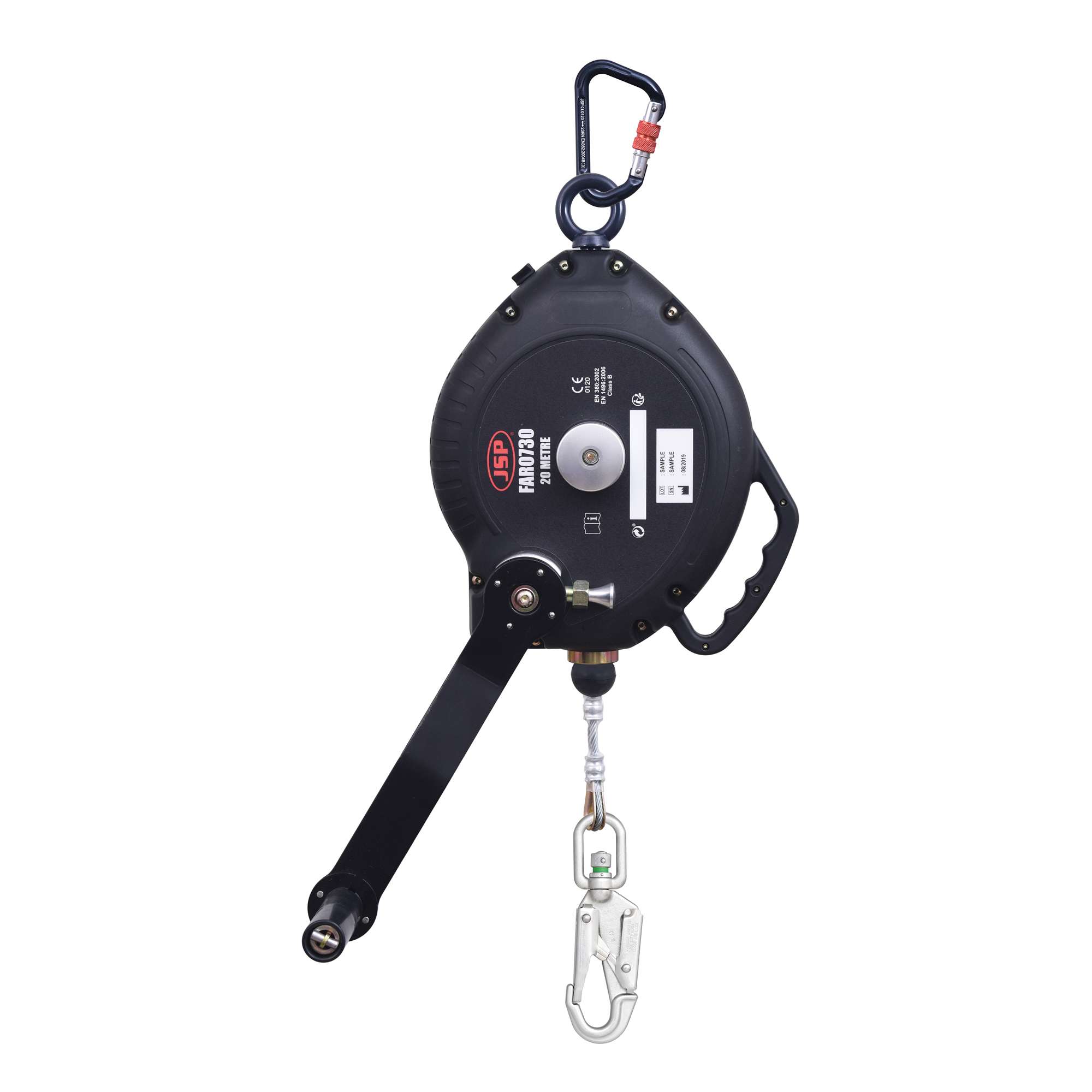 JSP 20m Wire Self Retractable Lifeline - Integrated Rescue Winch for easy retrieval of victim. Swivel anchor eye, 4.5mm steel wire & Steel swivel snap hook.