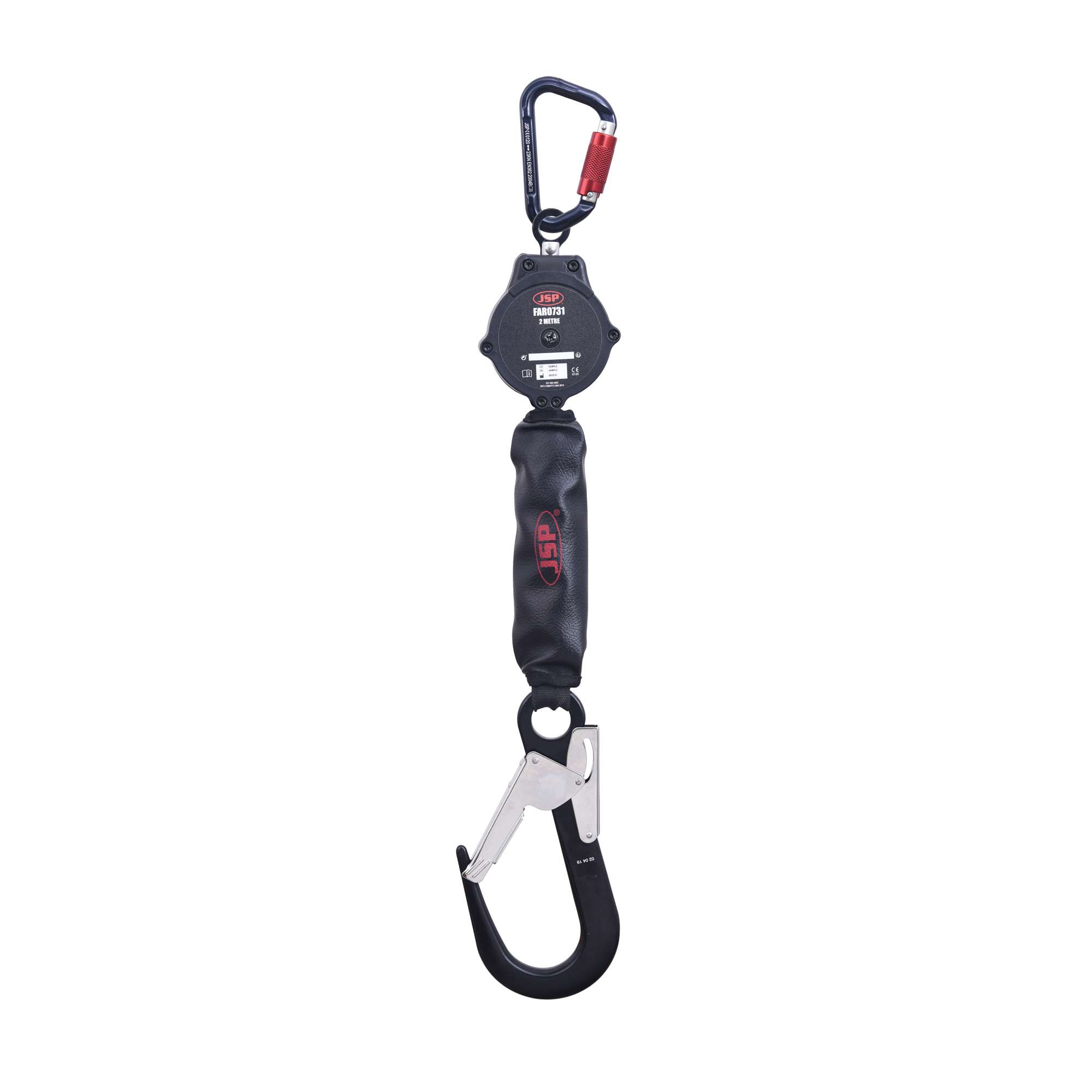 JSP 2m Webbing Self Retractable Lifeline with Scaffold hook, 21mm webbing shock absorber, 1 aluminium scaffold hook & quarter turn connector, limit of 100kg preventing the user from falling from height