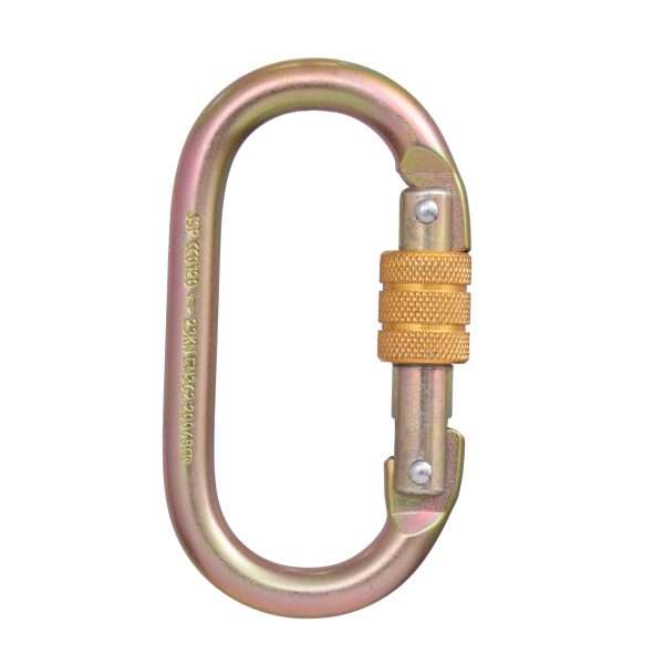 JSP Steel Screw Gate Carabiner Galvanised Yellow/Gold. Gate opening 18mm. 25kN breaking load Conforms to EN 362:2004 Class B & M