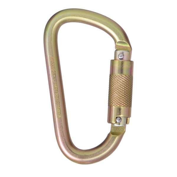 JSP Steel Twist Lock Carabiner, Self closing & automatic locking type connector. Galvanised Yellow/Gold. Gate opening 22 mm. 40kN breaking load, EN 362:2004