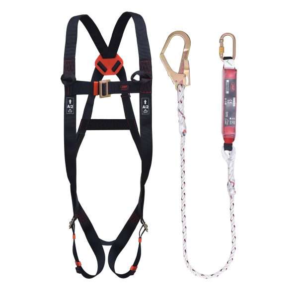 JSP Spartan™ Single Fall Arrest Kit comes with a 2-Point Spartan™ Harness (FAR0302). 2m fall arrest lanyard and JSP® woven draw-string bag