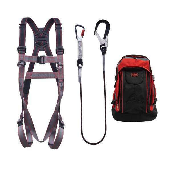 JSP Pioneer™ Single Fall Arrest Kit comes with 2-Point Pioneer Harness, Conforms to EN361:2002. 2m fall arrest lanyard, Conforms to EN355:2002. JSP Rucksack