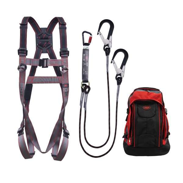 JSP Pioneer™ Twin Fall Arrest Kit comes with 2-Point Pioneer™ Harness (FAR0203), 2m Pioneer™ fall arrest lanyard twin (FAR0207) and JSP® Rucksac