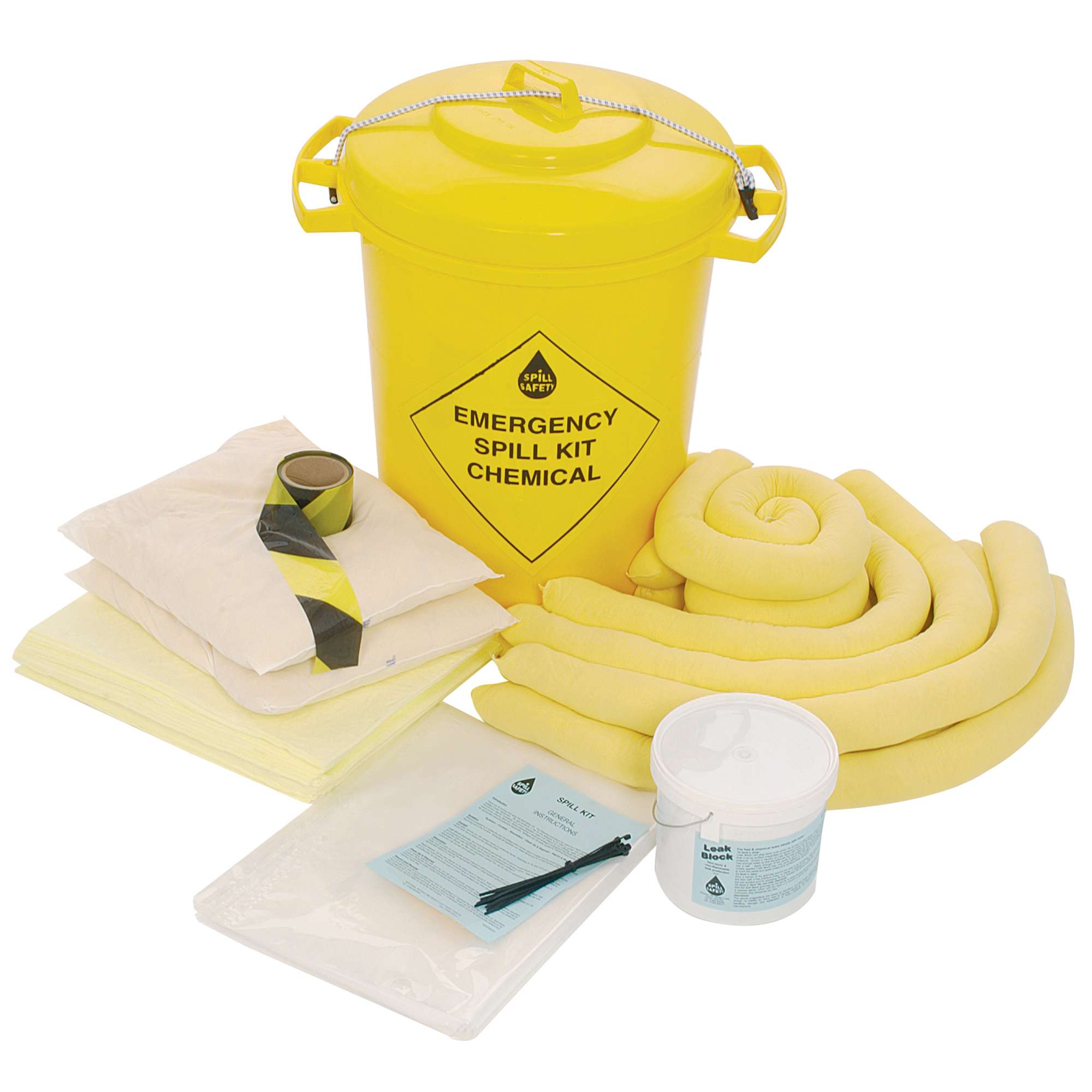 90 Litre Chemical Spill Kit Comprising of pads, socks, 5L tub of leak block granules, disposal bags & ties, 1 roll of caution tape & 95L container with lid.