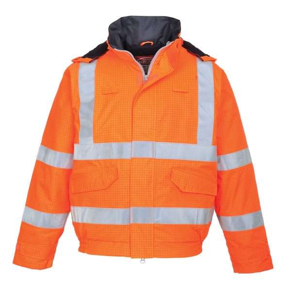 Bizflame Rain Hi-Vis Antistatic FR Waterproof Bomber Jacket offers multi-norm protection in hazardous conditions. Anti-static and Features flame resistant.
