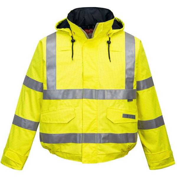 Bizflame Rain Hi-Vis Antistatic FR Waterproof Bomber Jacket offers multi-norm protection in hazardous conditions. Anti-static and Features flame resistant..