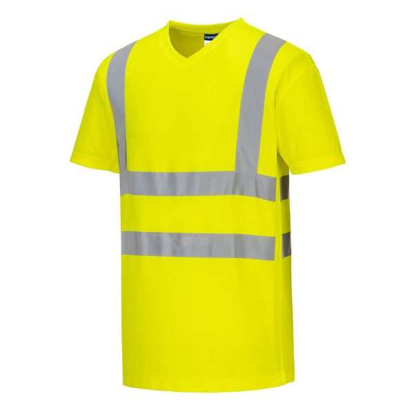 Hi-Vis Cotton Comfort Mesh Insert Short Sleeve T-Shirt offers modern styling with V-neck and moisture wicking fabric helping to keep the body cool and dry.