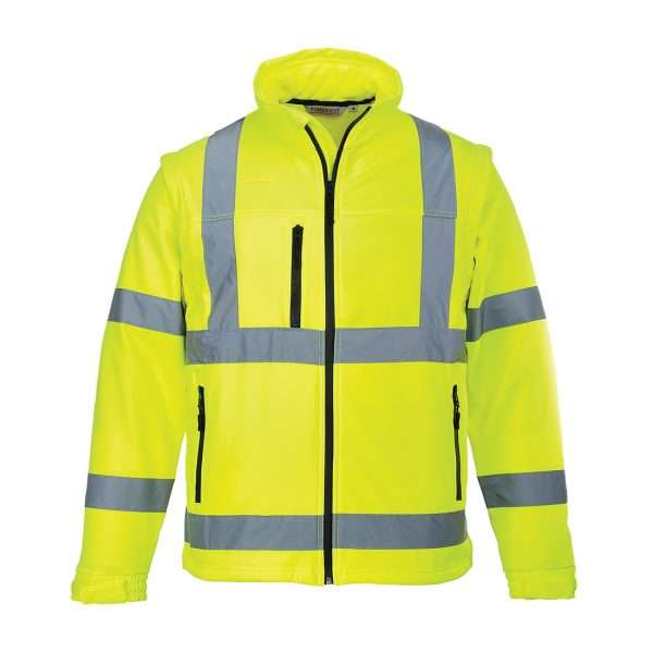Portwest Hi-Vis 2-in-1 Softshell (3L) Jacket provides full coverage as a complete jacket in wet conditions. Durable, breathable, windproof & water resistant