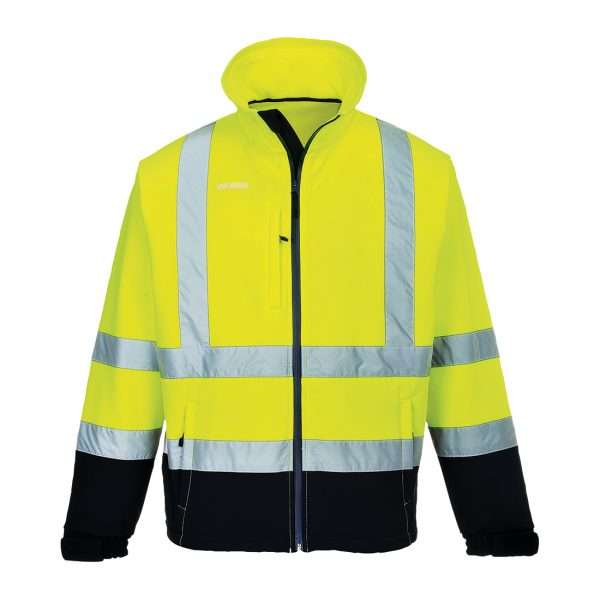Portwest Hi-Vis Contrast Softshell (3L) Jacket offers a windproof, water-resistant breathable membrane with the added luxury of a bonded micro polar fleece.