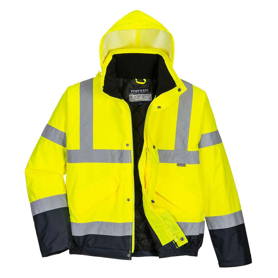 Portwest Hi-Vis Contrast Winter Waterproof Bomber Jacket is fully certified, two-tone bomber style jacket is a strong performer in the Hi-Vis range