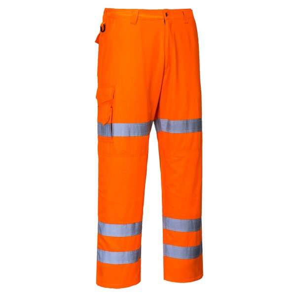 Portwest Hi-Vis Three Band Work Trousers Conform to the latest rail industry standards. Offers excellent high visibilty, ample storage & elasticated waist..
