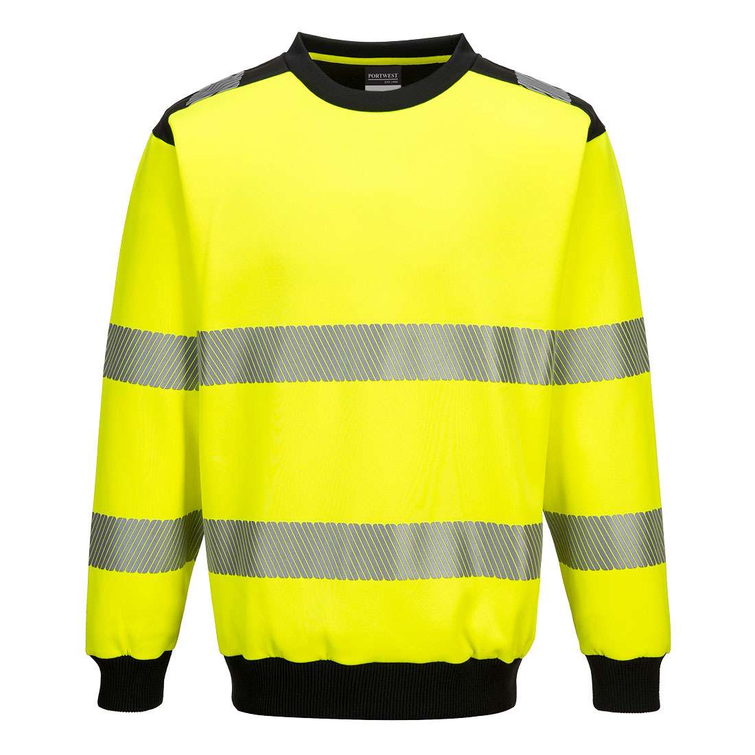 Portwest PW3 Hi-Vis Sweatshirt is characterised by its distinctive design, combining Portwest HiVisTex Pro reflective tape with contemporary contrast panels