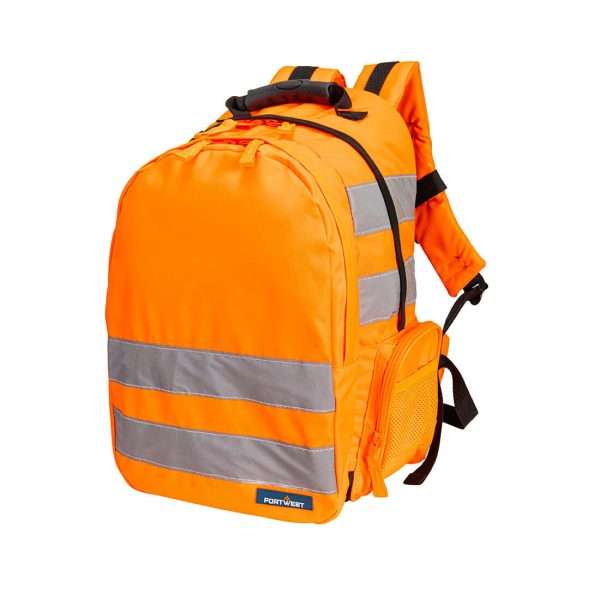 The Portwest B905 Hi-Vis Rucksack Ideal for workers, cyclists or school children who use highly reflective accessories to make them more visible to motorists.