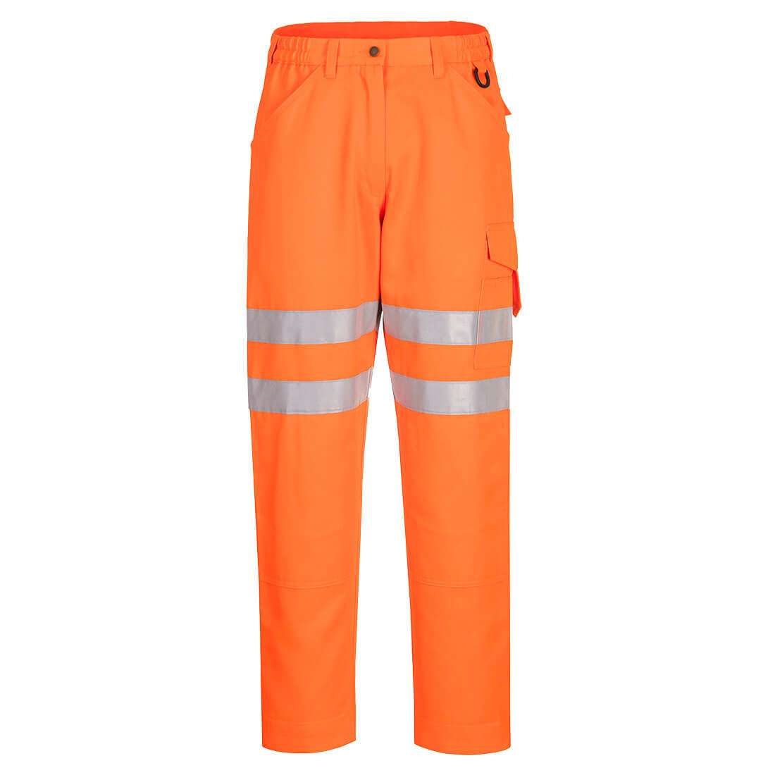 EC40ORR Portwest EC40 Eco Hi Vis Work Trousers A classic style with a full update and made in a sustainable polyester/cotton fabric. An improved fit with elasticated waist, cargo pockets and rule pocket