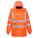 RT27ORR Portwest RT27 Hi Vis Breathable 7 in 1 Traffic Jacket. Waterproof and breathable to the highest EN Standards, the jacket has multiple features such as ample storage space, a concealed hood and a fleece lined collar.
