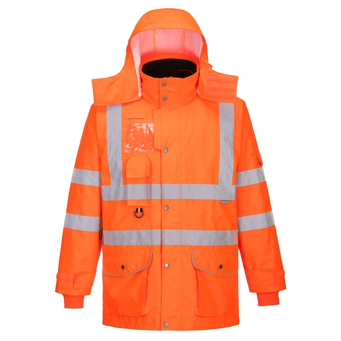 RT27ORR Portwest RT27 Hi Vis Breathable 7 in 1 Traffic Jacket. Waterproof and breathable to the highest EN Standards, the jacket has multiple features such as ample storage space, a concealed hood and a fleece lined collar.
