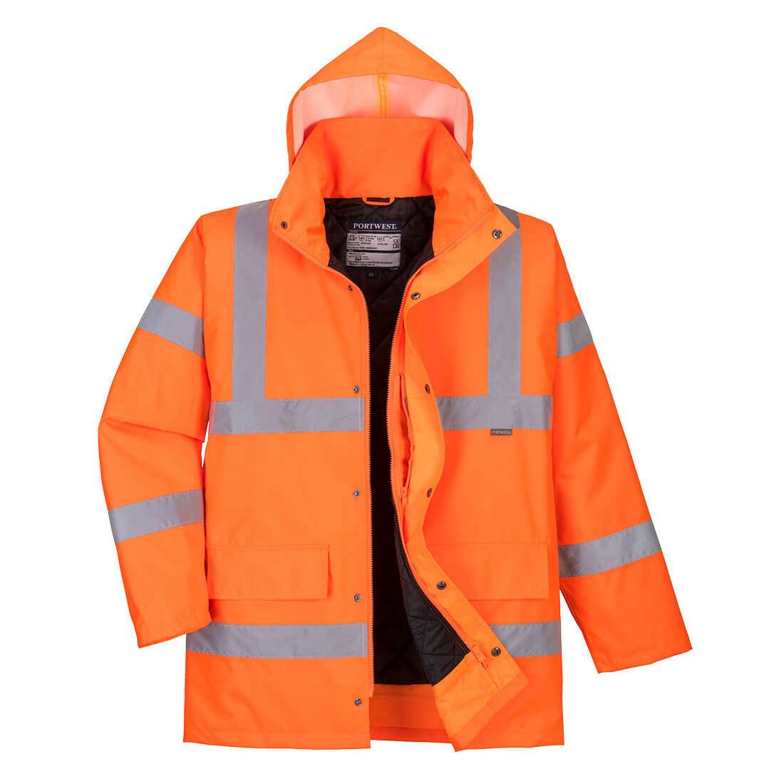 RT30ORR Portwest RT30 Orange Hi Vis Winter Traffic Jacket is certified to the Railway Industry Standard RIS 3279-TOM with extremely water resistant PFAS free Texpel Splash Eco fabric finish
