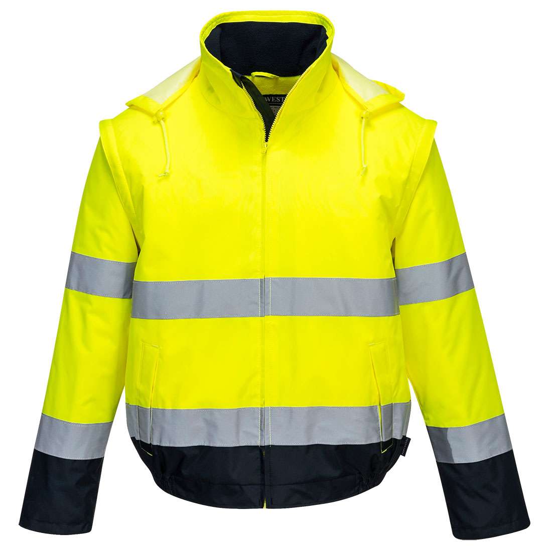 Portwest Hi Vis 2 in 1 Contrast Essential Lite Bomber Jacket. An adaptable, functional style offering excellent value for money. Available in yellow or Orange which complies with railway RIS 3279-TOM standards