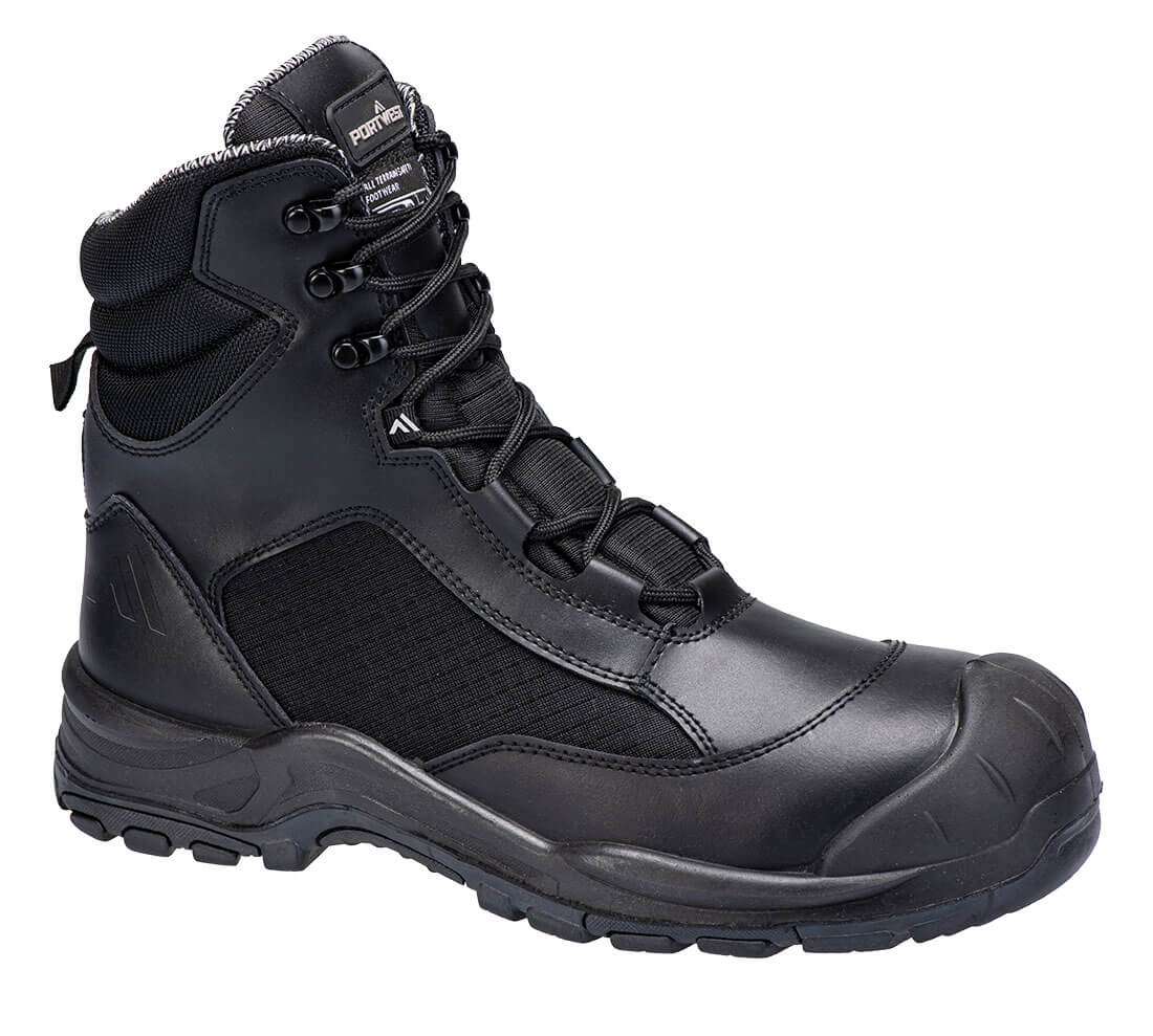 Portwest Patrol Occupational Black Boot O7S SR FO SC HRO. The height of this boot ensures the ankle is protected and supported. It features a textile midsole plate, robust scuff cap and excellent slip resistance.