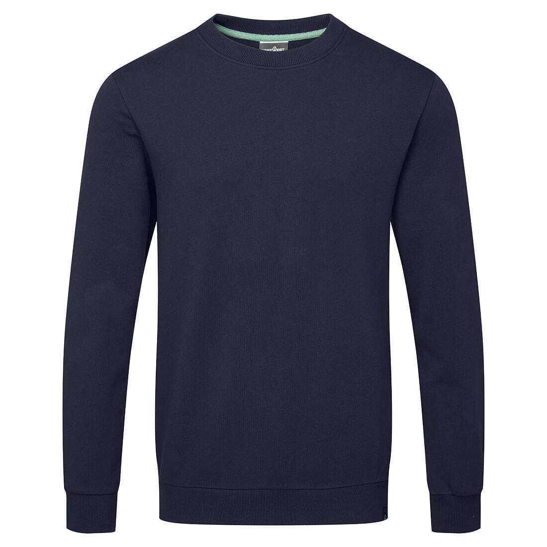 Portwest EC300 Organic Cotton Recyclable Sweatshirt Navy. This 100% organic cotton sweatshirt t-shirt is ideal for both corporate and workwear. Made from organic material and designed for recycling this sweatshirt provides a clean, simple and comfortable addition.