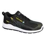 Portwest FC06 Composite Safety Trainer Black Yellow. This eco-conscious safety trainer offers a composite toecap, puncture resistant textile midsole and dual density PU/PU outsole for superior grip and energy absorption. The upper is made of a seamless, knitted, single piece of textile with a padded collar for added comfort.