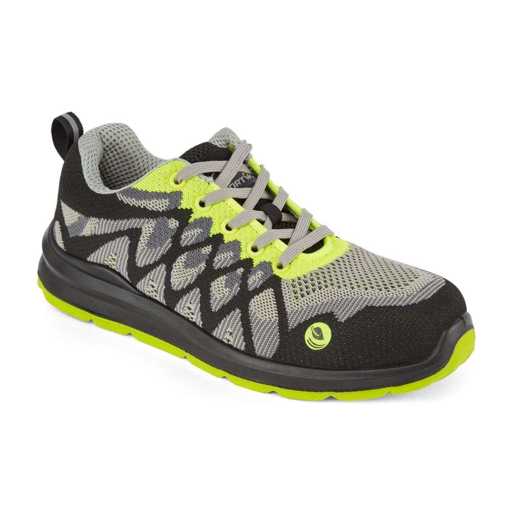 Portwest FC08 Compositelite Eco Safety Trainer. This eco-conscious safety trainer offers a recycled knitted upper, made from recycled PET bottles. Designed for maximum safety, comfort and performance, the lightweight stylish construction features a super comfort gel footbed and is presented in a recyclable green-thinking packaging