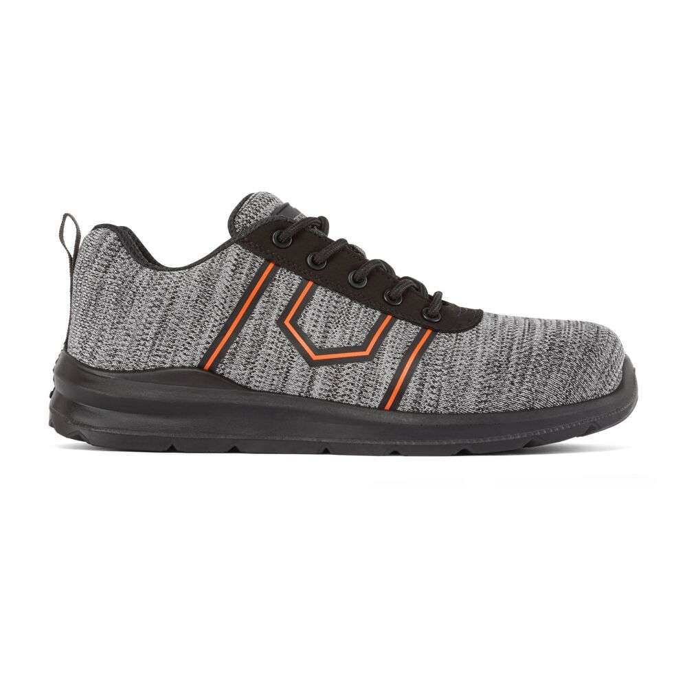 Portwest FC25 Composite Textile Safety Trainer Side. Portwest continues to bring unique and stylish designs without compromising on EN standards. A high quality breathable knitted upper with a twist of fashion and style. 100% non-metallic, fibreglass toecap, puncture resistant non-metallic midsole and dual density PU/PU outsole for superior grip and energy absorption. This meets the S3 standard making it a water resistant upper. Designed with a gel cushioned footbed reducing foot fatigue. Suitable for many environments.