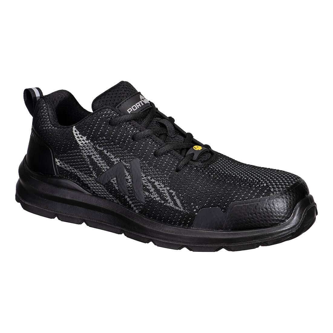 Portwest FC32 Composite Textile Safety Trainer Black Grey. This safety trainer features a composite toecap, puncture-resistant textile midsole, and a dual-density PU/PU outsole for superior grip and energy absorption. The seamless, knitted upper is crafted from a single piece of textile with a padded collar for added comfort. Additionally, it offers ESD protection for enhanced safety in sensitive environments.