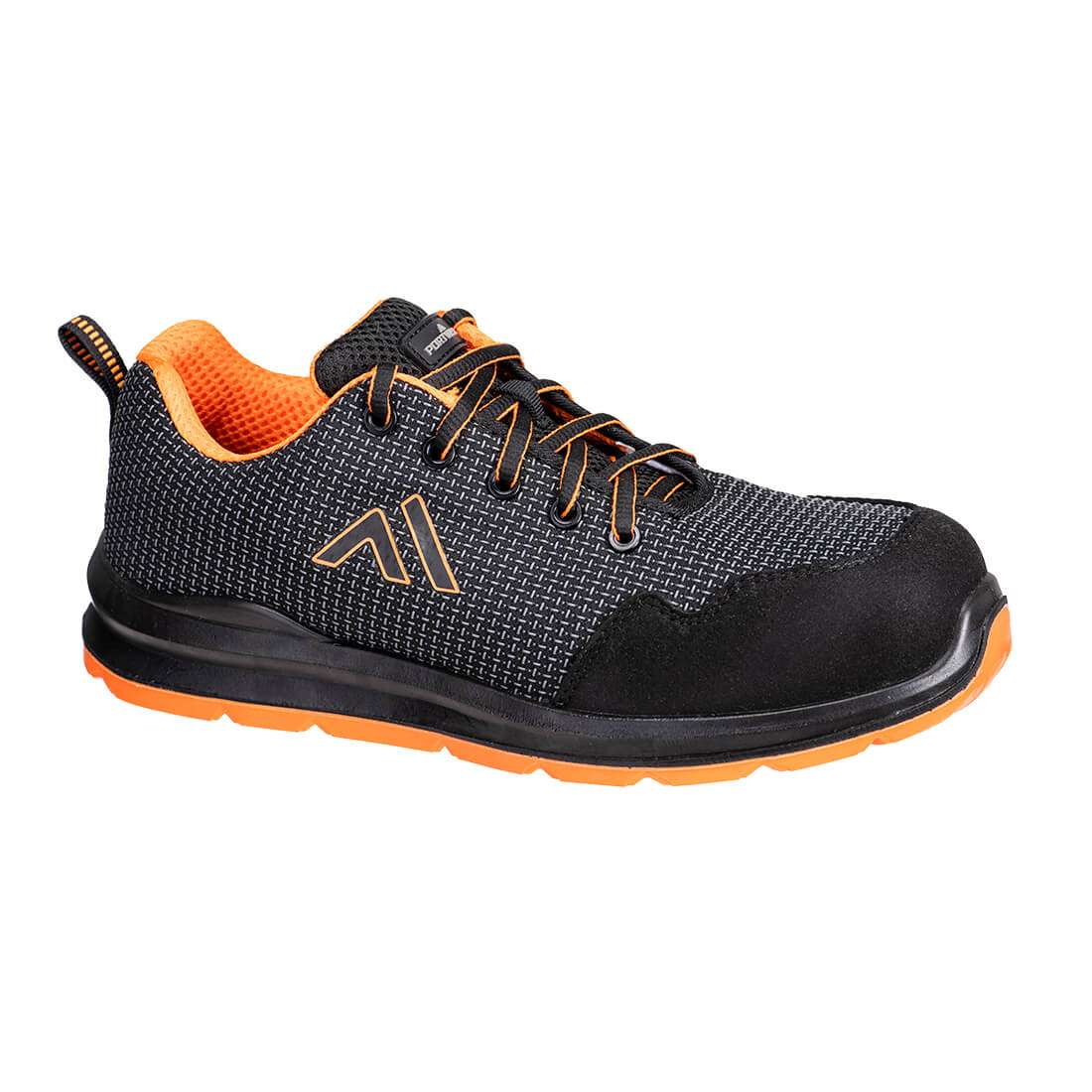 Portwest FC72 Eco Composite Safety Trainer. This composite S3S trainer features a high abrasion resistant toe bumper. Puncture resistant non-metallic midsole and dual density PU/PU outsole for superior grip and energy absorption.