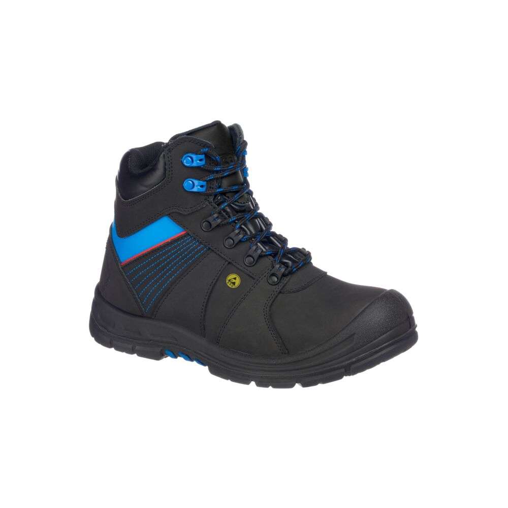 Portwest FD37 Composite Action Nubuck Ankle Safety Boot. Featuring a heat resistant outsole, ESD properties and excellent slip resistance. The engineered tread pattern aids agility on uneven terrain whilst also being resistant to fuel oil and water. The boot height ensures the ankle is protected and supported. A padded collar offers exceptional comfort.