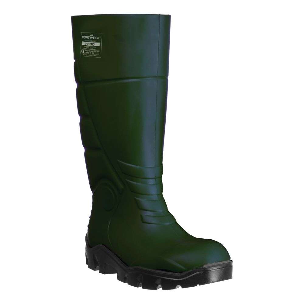 Portwest FD90 PU Non Safety Wellington. The ultimate in comfort and long-lasting wear. Superior flex and durability due to the air bubble formula within the specially engineered PU compound. Your feet will be warm in the winter and cool in the summer. Specially contoured panelling ensures better protection in high abrasion areas. Kick-off lug ensures easy removal. Anti-static and SRC certified. Removable footbed that is washable at 30°C. CI cold insulation properties that meet -17°C.