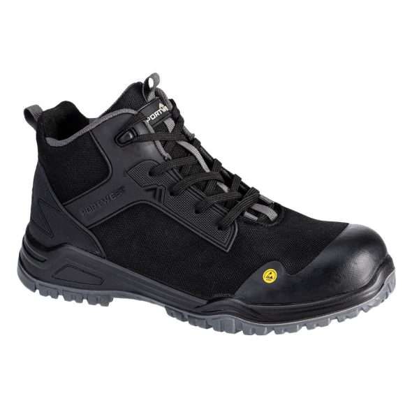 Portwest FE01 Bevel Composite Black Grey Mid Safety Boot comprises of a heavy duty textile, combined with a composite toecap, ESD properties, excellent slip resistance and offers exceptional comfort.