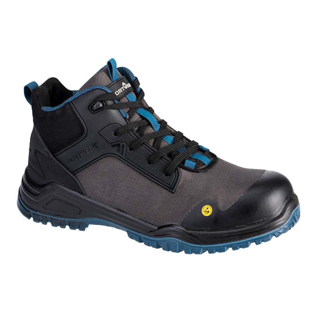 Portwest FE01 Bevel Composite Black Teal comprises of a heavy duty textile, combined with a composite toecap, ESD properties, excellent slip resistance and offers exceptional comfort.Mid Safety Boot