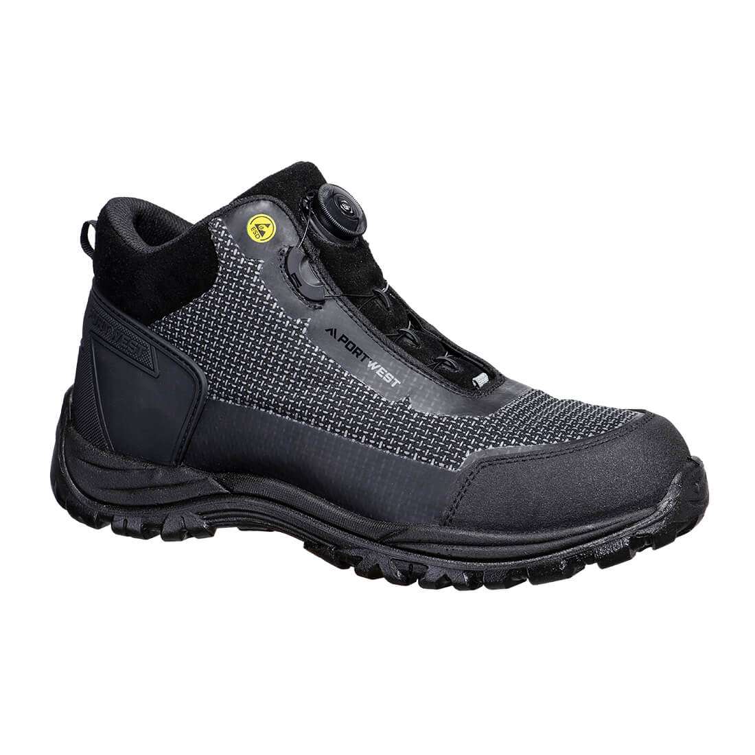 Portwest FE04 Black Grey Girder Composite Mid Safety boot ensures the ankle is protected and supported. Constructed with an innovative wire lace system for faster lacing and quick release.
