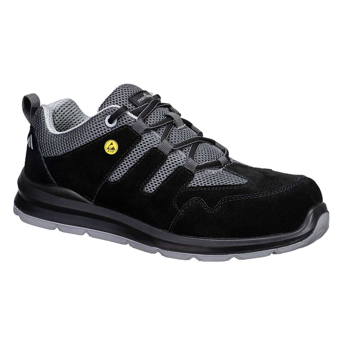 Portwest FE07 Composite Cow Suede Leather Safety Trainer Black Grey. This S1 Composite Trainer is lightweight and features ESD properties and excellent slip resistance. Outstanding breathability and ventilation offers maximum comfort to the wearer.