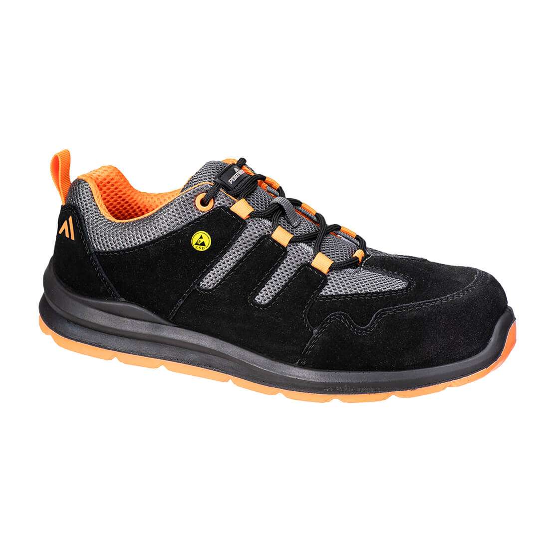 Portwest FE07 Composite Cow Suede Leather Safety Trainer Black Orange. This S1 Composite Trainer is lightweight and features ESD properties and excellent slip resistance. Outstanding breathability and ventilation offers maximum comfort to the wearer.