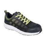 Portwest FT15 Steelite Tove Safety Trainer Black Yellow. Combining a modern trainer style with classic safety protection. The TPU moulded upper with mesh backing offers excellent breathability and comfort. Dual density EVA/rubber outsole for a lightweight and long lasting trainer that won't let you down. Superb comfort footbed with steel toecap and steel midsole.