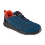 Portwest FT25 Steelite Aire Safety Trainer Blue. Stylish, ultra modern knitted fabric upper with a comfortable and hard wearing dual density outsole for all day comfort. Lightweight and breathable. Suitable for light industrial use. Supplied with spare set of contrast laces.