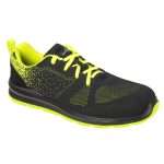 Portwest FT25 Steelite Aire Safety Trainer Yellow Black. Stylish, ultra modern knitted fabric upper with a comfortable and hard wearing dual density outsole for all day comfort. Lightweight and breathable. Suitable for light industrial use. Supplied with spare set of contrast laces.