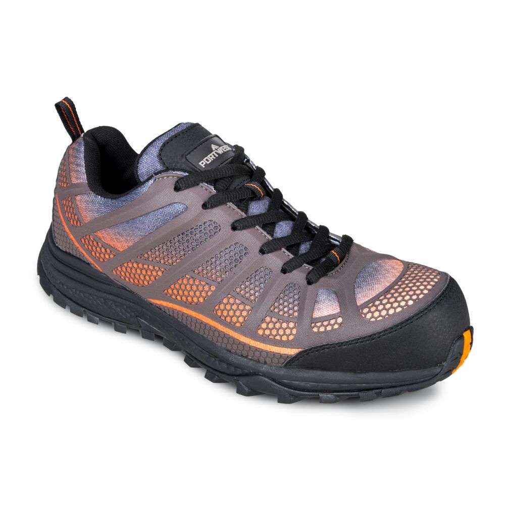 Portwest FT36 Composite Spey Safety Trainer. Low profile design offering ultimate protection for your feet. 100% non-metallic featuring a fibreglass toecap, composite midsole making it lightweight and safe. KPU/Mesh upper offers enhanced breathability and the EVA/Rubber sole ensures maximum comfort and flexibility.