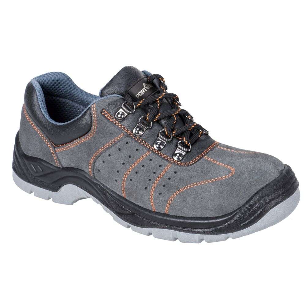 Portwest FW02 Steelite Perforated Safety Shoe Grey. Low cut S1P trainer with perforated upper and a special breathable lining for those working in warm conditions where breathability and comfort is a must.